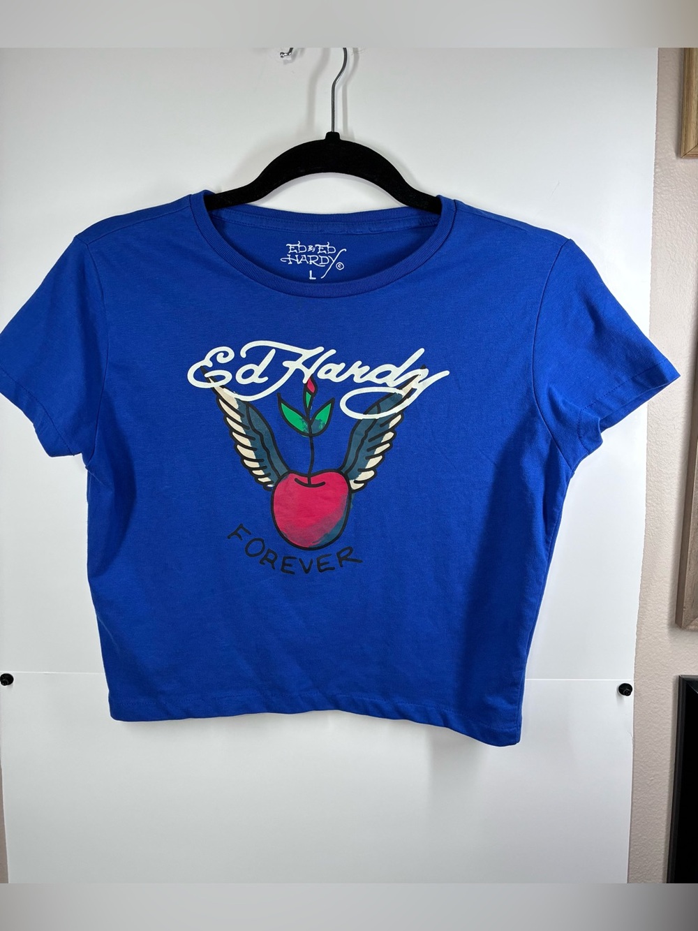 Ed Hardy Forever Winged Heart Graphic Blue Baby Tee Size Large